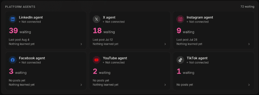 The Platform agents tile in the Arkivist AMP dashboard, showing each platform agent with its waiting drafts, last post and learning status.